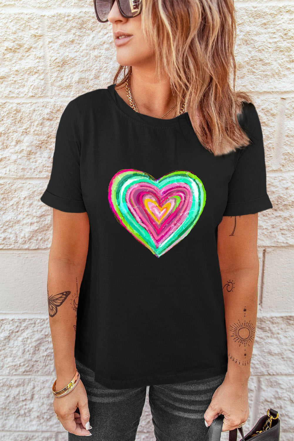 Valentine Heart Shaped Print Crew Neck T Shirt | Black