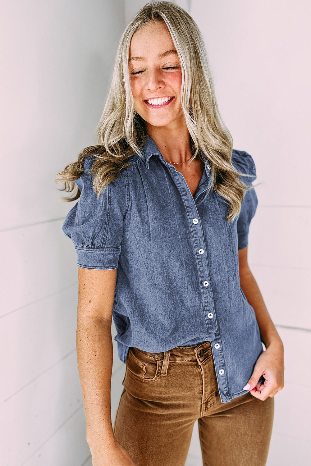 Bubble Sleeve Button Up Denim Shirt | Ashleigh Blue