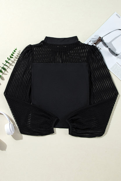 Stand Collar Striped Mesh Lantern Sleeve Blouse | Black