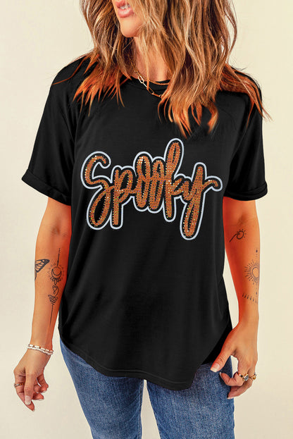 Spooky Rhinestone Crew Neck Graphic Tee | Black