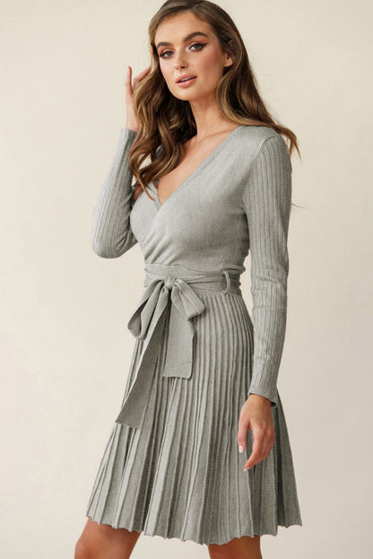 Belted V Neck Ribbed Pleated Sweater Dress | Gray