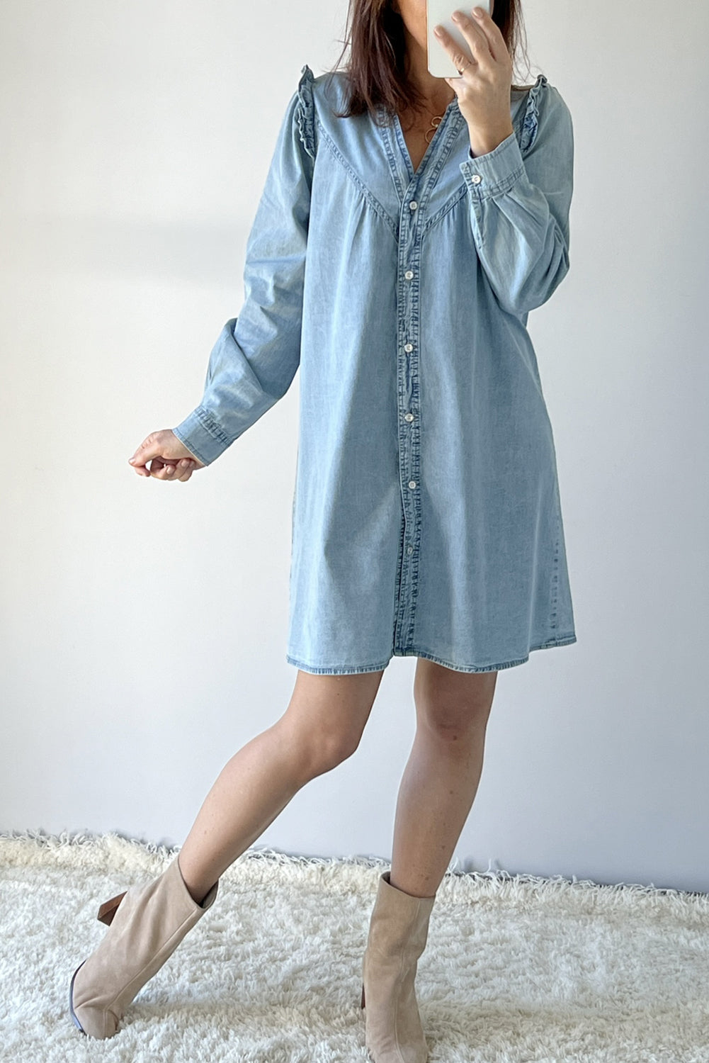 Ruffled V Neck Buttoned Shift Denim Dress | Myosotis