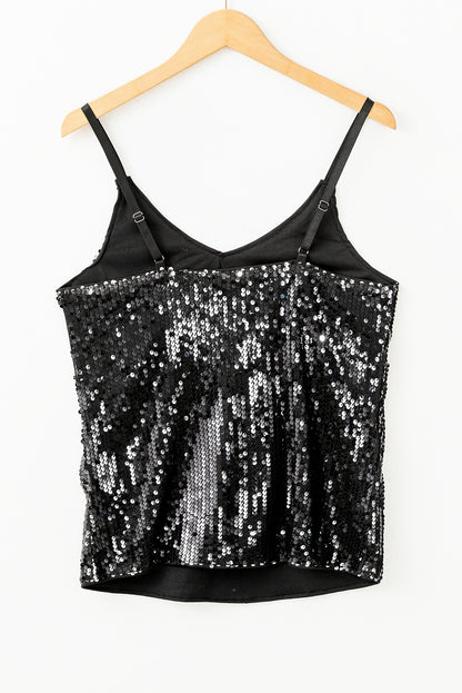 Sequined Adjustable Spaghetti Straps Tank Top | Black