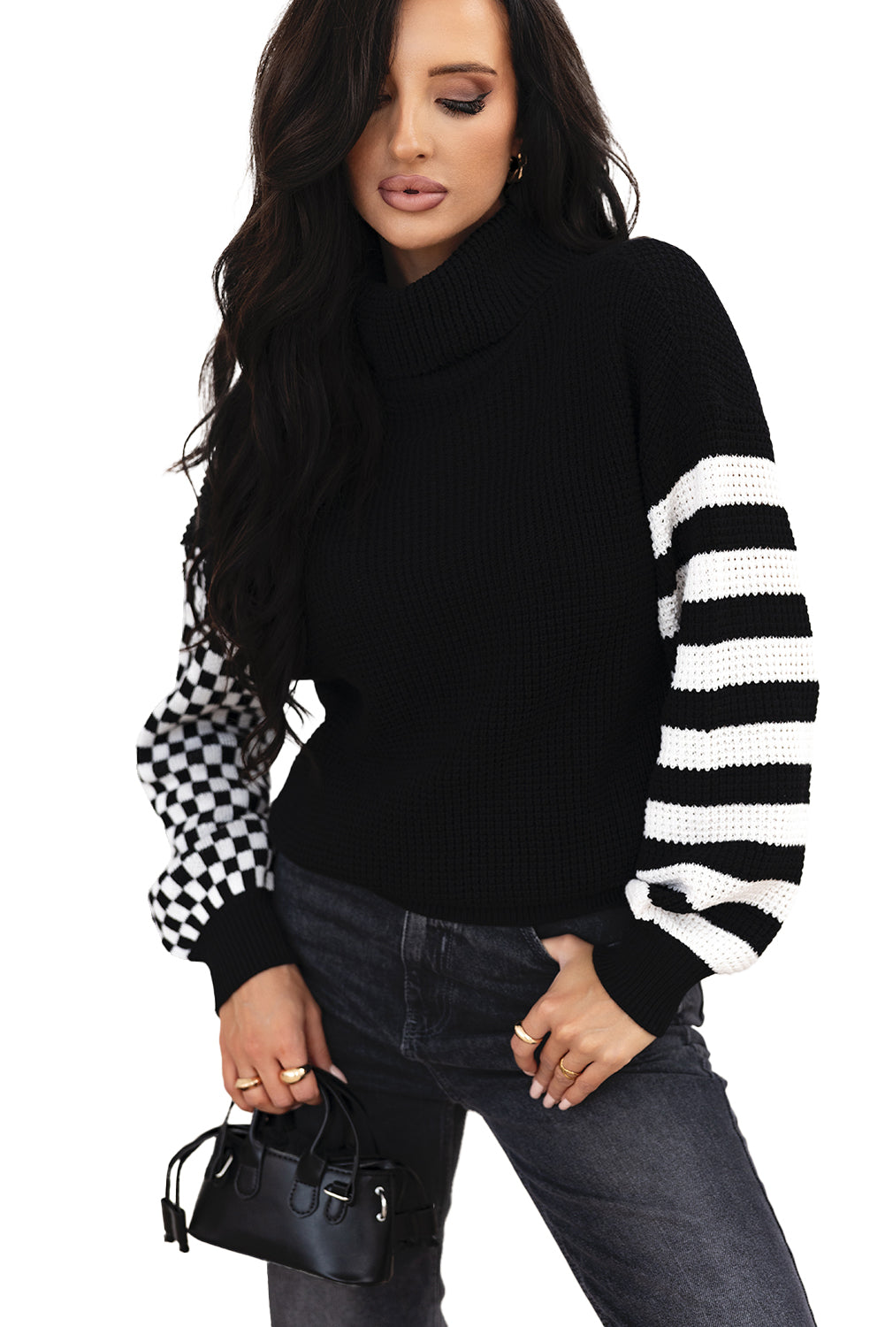 Striped Plaid Patchwork Waffle Knit Turtleneck Sweater | Black