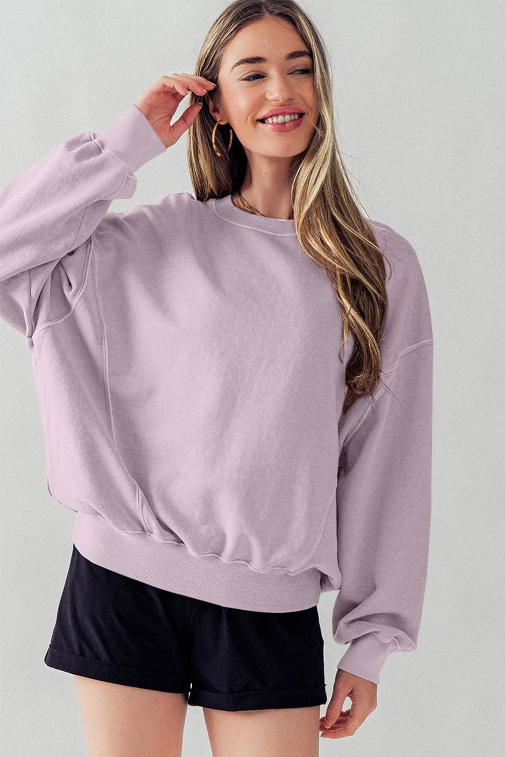 Exposed Seam Batwing Sleeve Drop Shoulder Sweatshirt | Orchid Petal