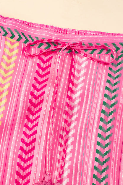 Boho Printed Tasseled Drawstring Ruffled Maxi Skirt | Pink