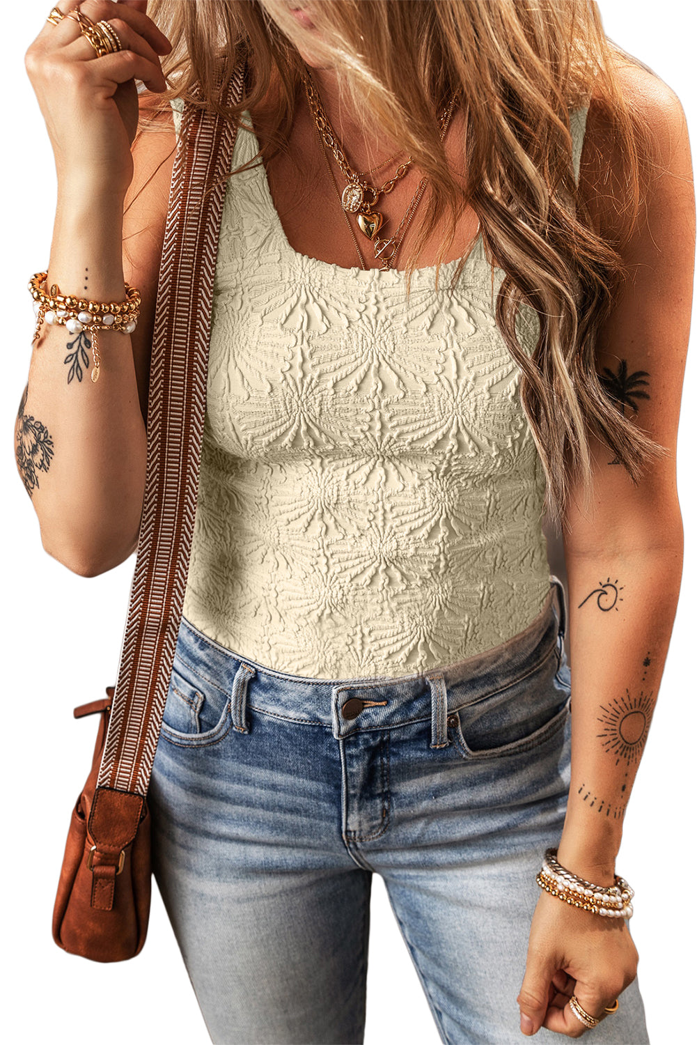 Floral Jacquard Square Neck Tank Top | White