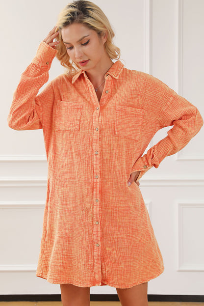 Crinkled Dual Chest Pocket Oversized Shirt Dress | Orange