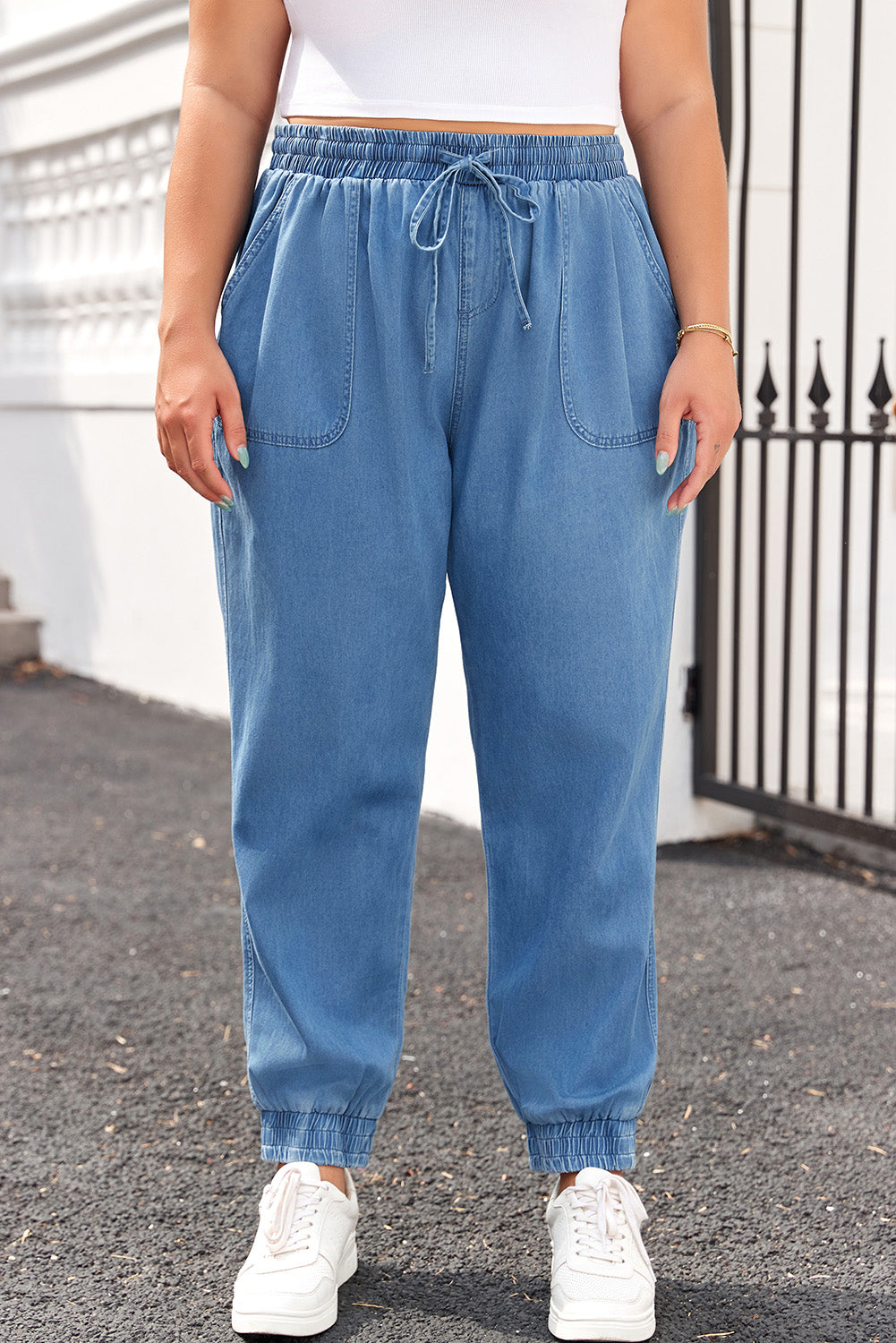 Drawstring Waist Pocketed Plus Size Denim Joggers | Dusk Blue