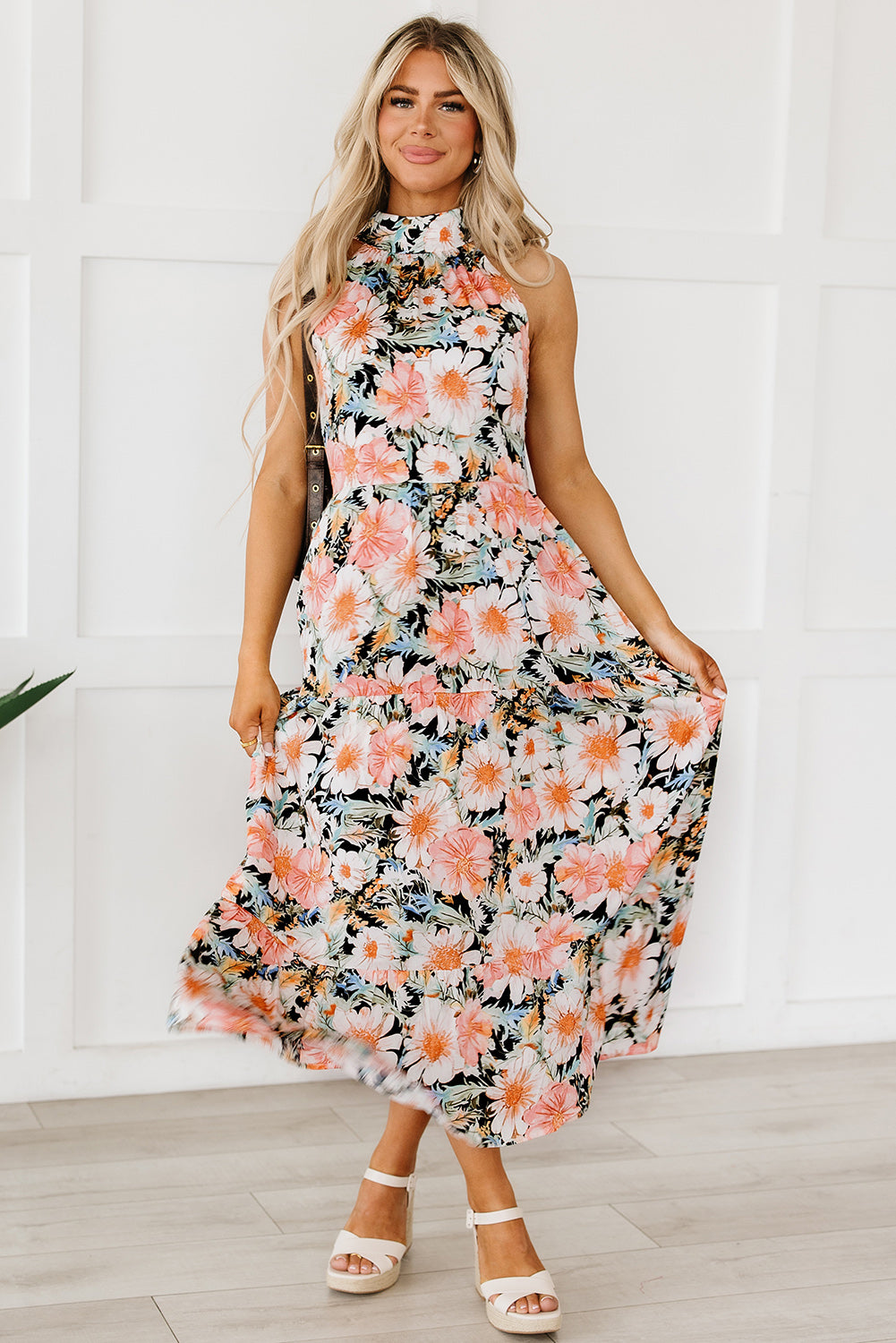 Boho Floral Print Knotted Halter Ruffled Maxi Dress | Black