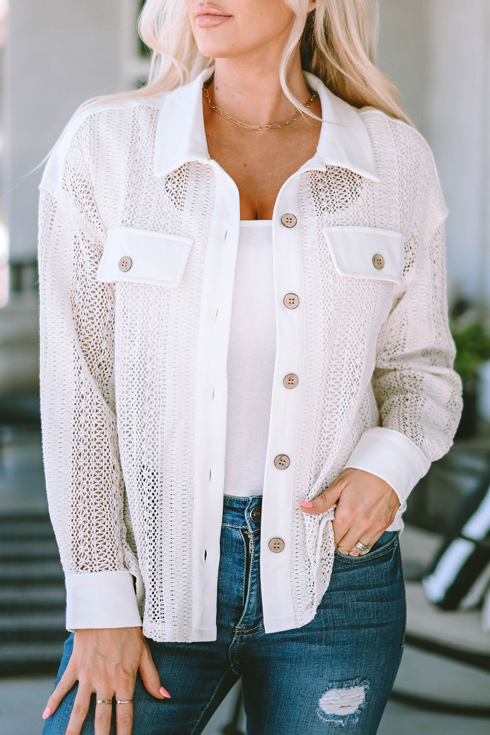 Lace See-Through Button Collared Shacket | Beige