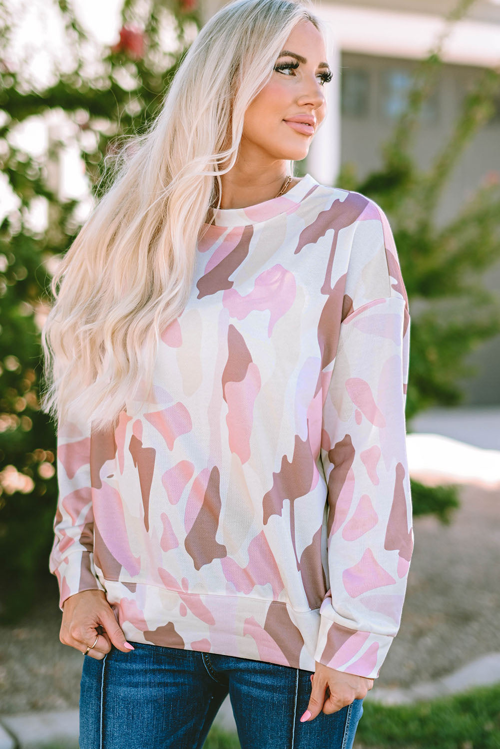 Geometric Print Crewneck Pullover Sweatshirt | Pink