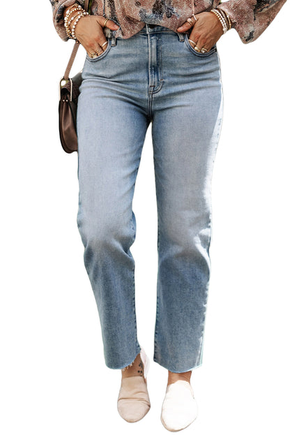 Acid Wash Raw Edge Straight Jeans | Light Blue