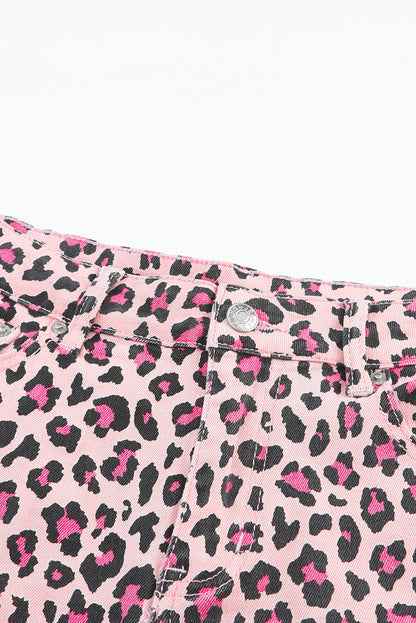 Leopard Print Raw Hem Denim Shorts | Pink