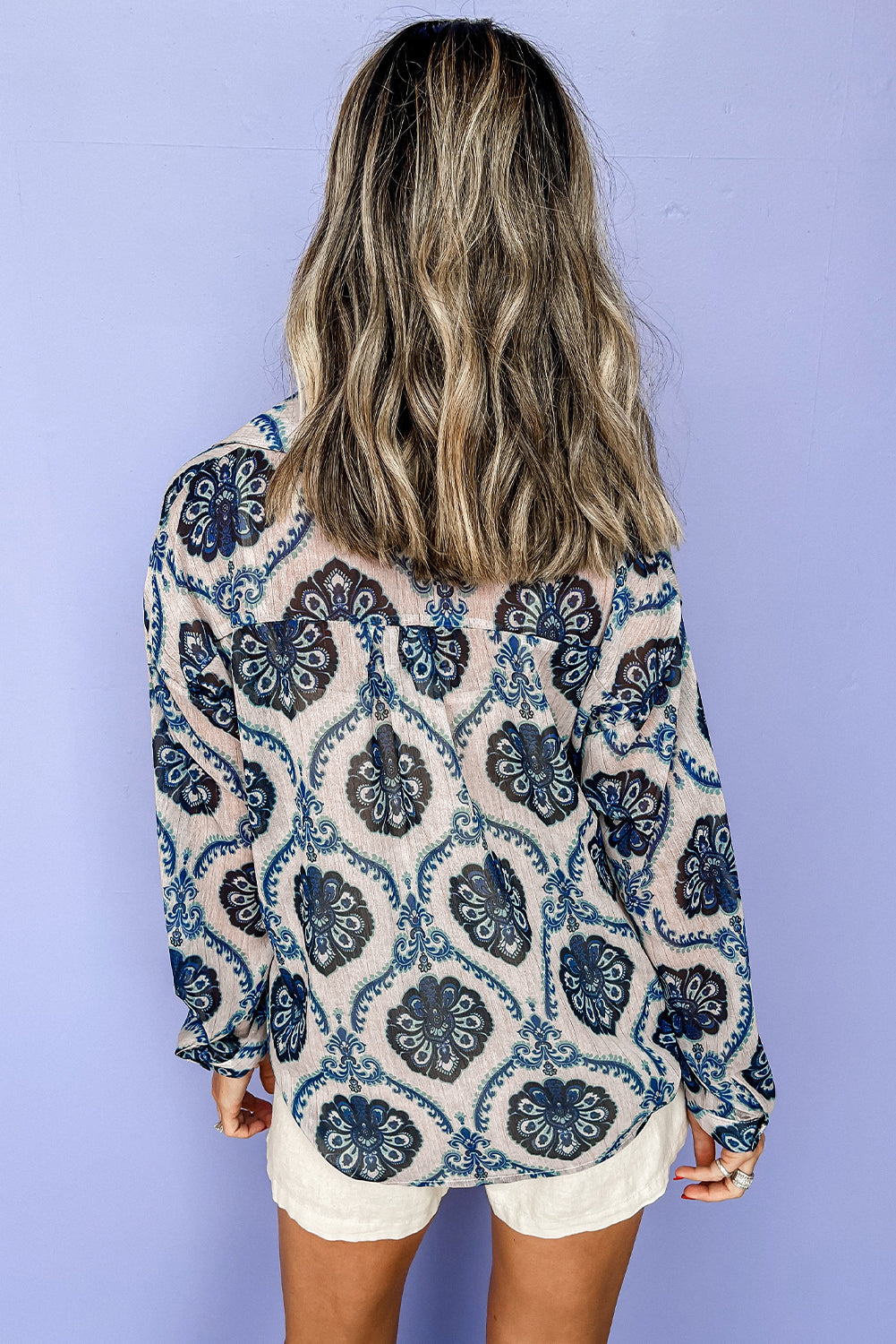 Tribal Pattern Buttoned Front Loose Shirt | Blue