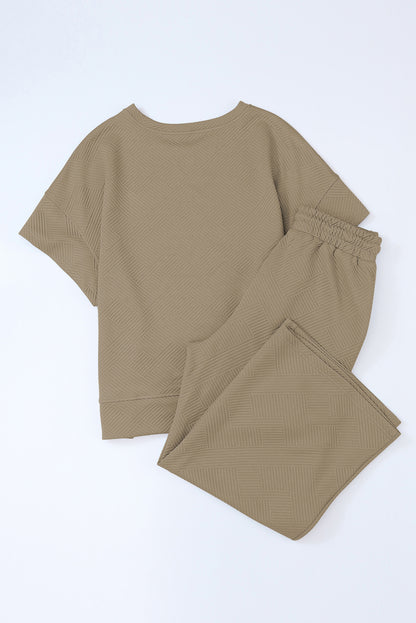 Pale Khaki Textured Loose Fit T Shirt And Drawstring Pants Set | Apricot khaki