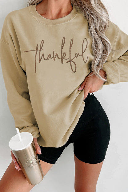 Thankful Embroidered Drop Shoulder Pullover Sweatshirt | Parchment