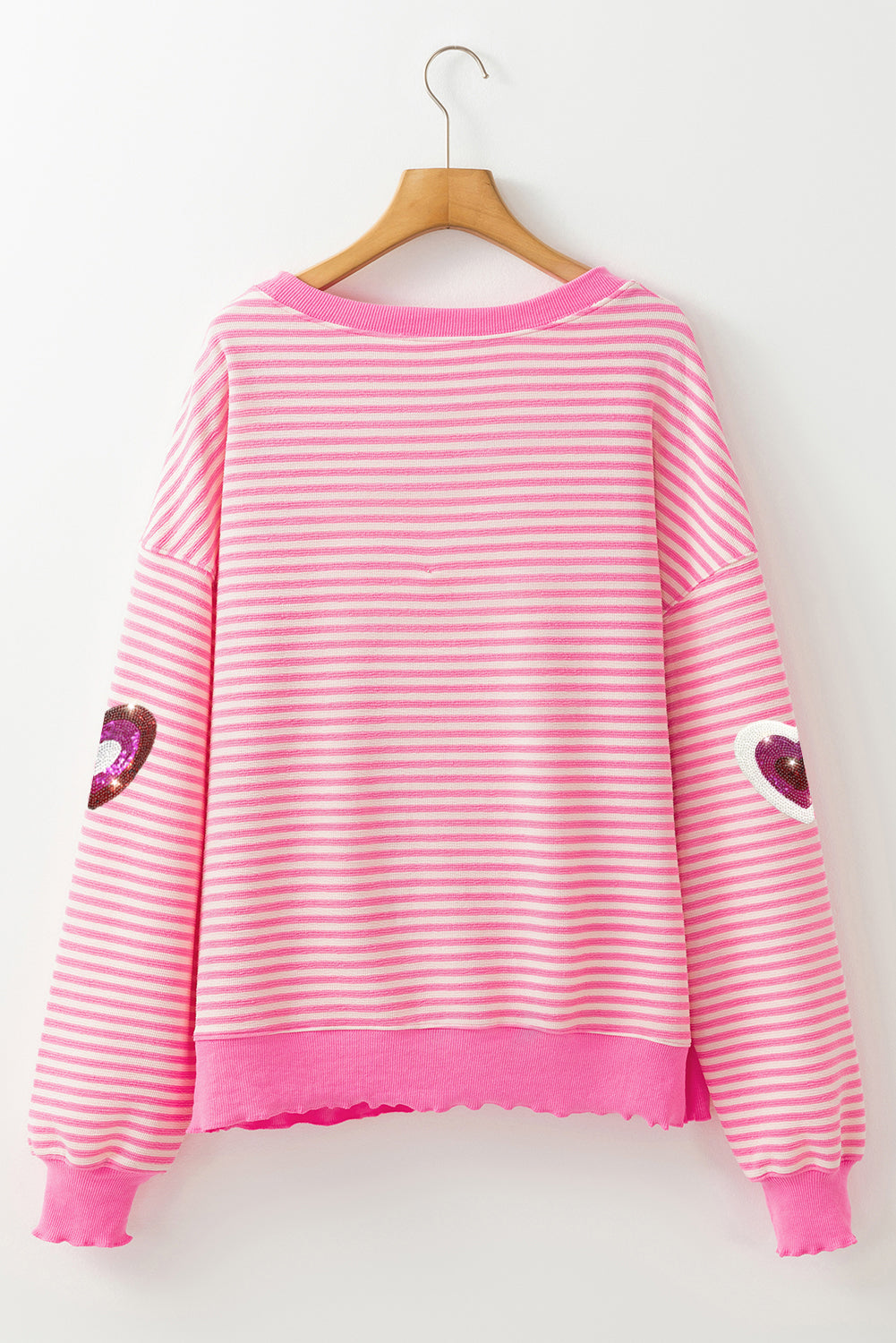 Sequin Heart Patched Pattern Long Sleeve Valentines Top | Pink Stripe