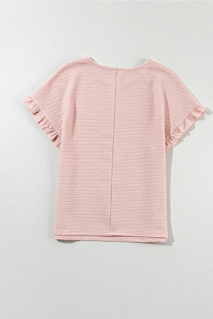 Solid Textured Ruffled Short Sleeve Blouse | Light Pink