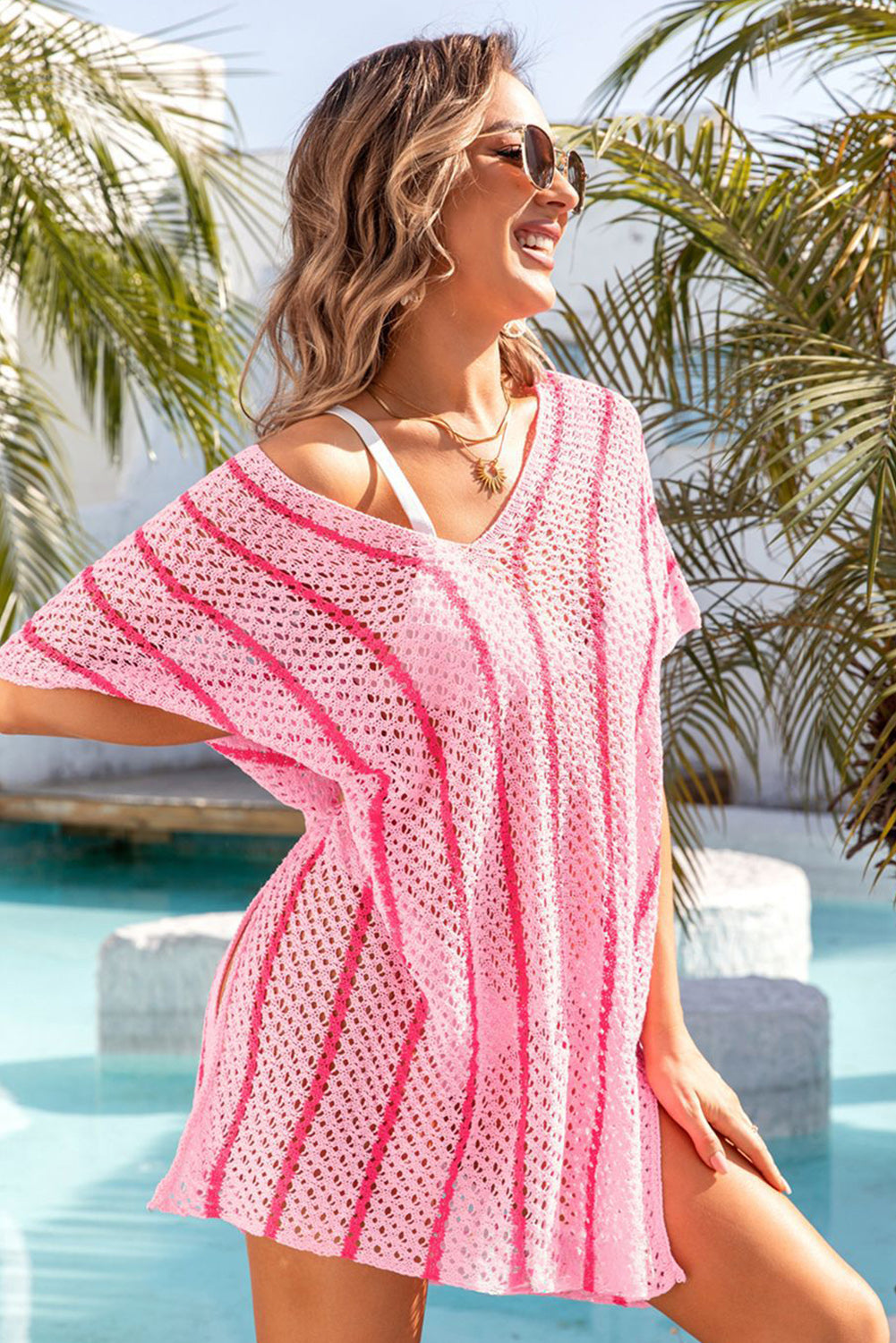 Striped Crochet Loose Fit V Neck Beach Cover Up | Pink