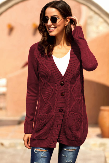 Burgundy Front Pocket And Buttons Closure Cardigan | Red