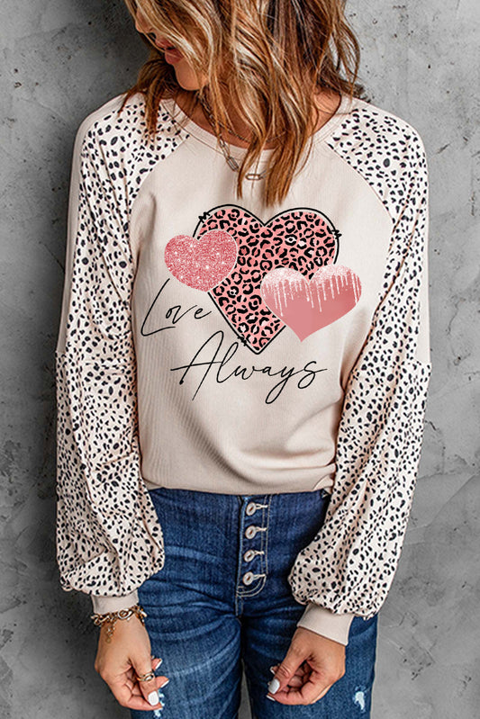 Khaki Love Always Heart Leopard Color Block Top