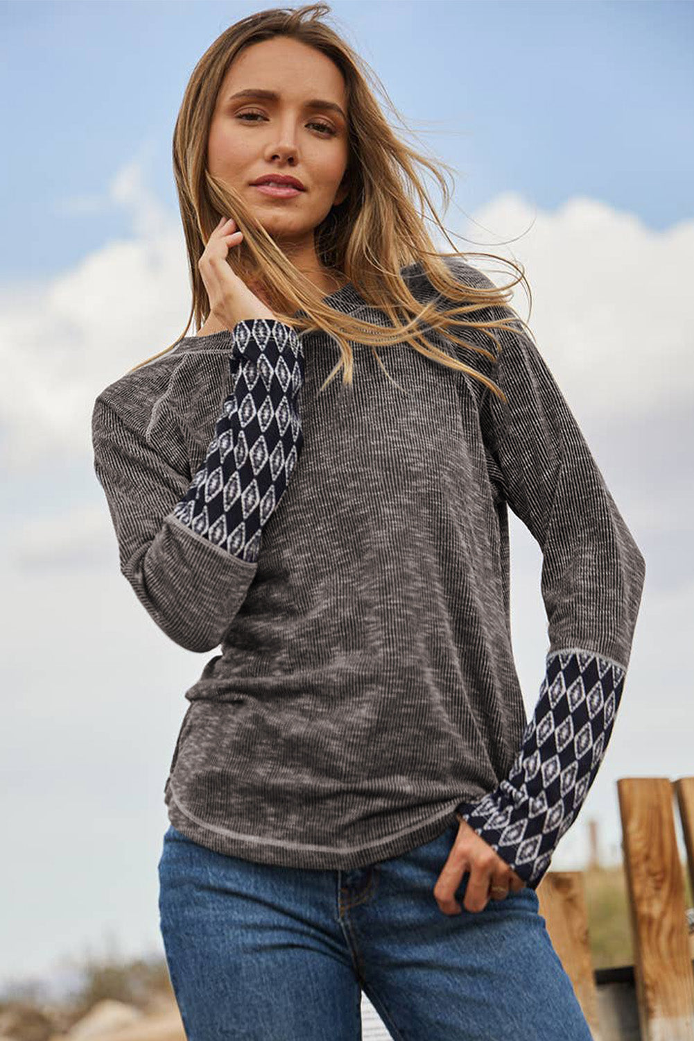 Aztec Patchwork Ribbed Long Sleeve Top | Gray