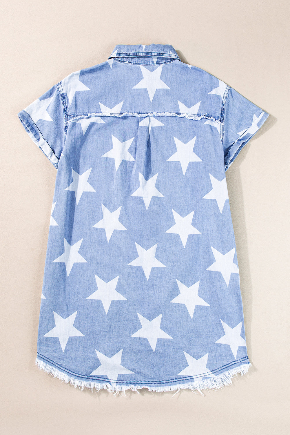 Stars Frayed Hem Collared Short Sleeve Denim Dress | Sky Blue