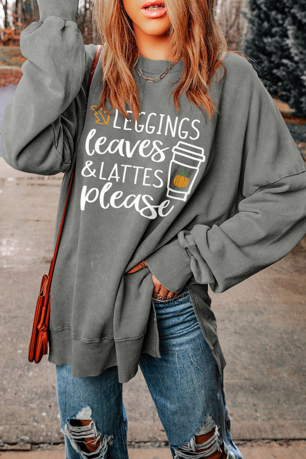 Slogan Print Side Split Oversized Sweatshirt | Gray