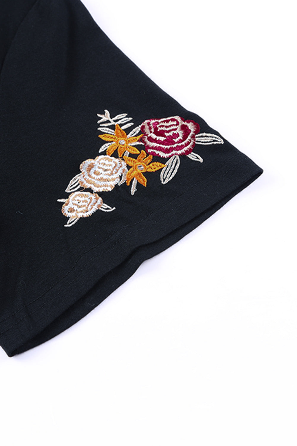 Floral Embroidered Round Neck Short Sleeve T Shirt | Black