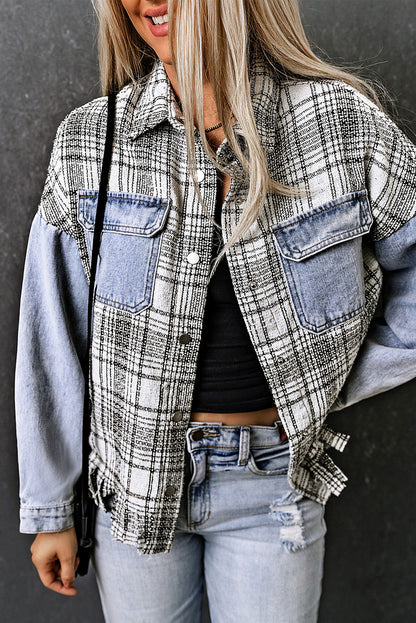 Plaid Patchwork Fringed Flap Pockets Denim Jacket | Sky Blue