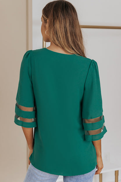 Flare Sleeve V Neck Loose Blouse | Green