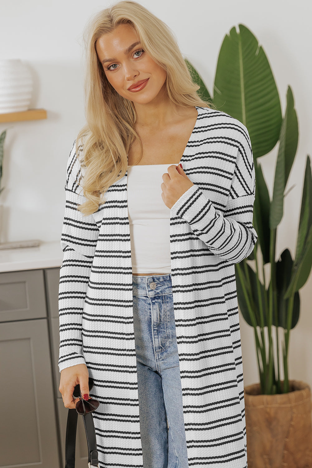 Print Open Front Duster Cardigan | Black Stripe