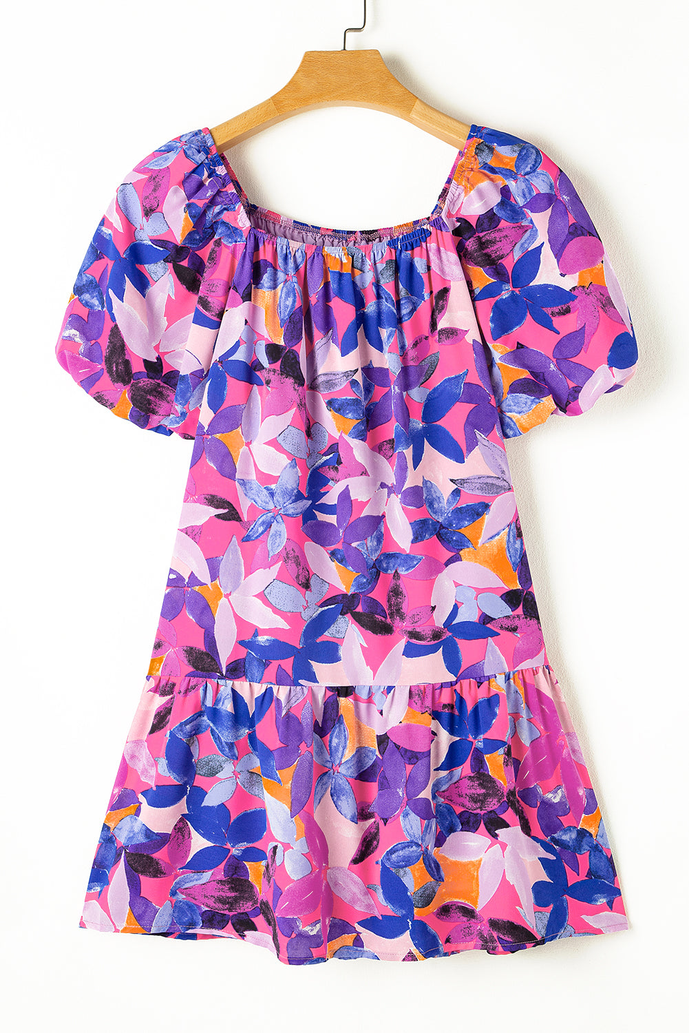 Flower Print Short Puff Sleeve Ruffled Dress | Purple