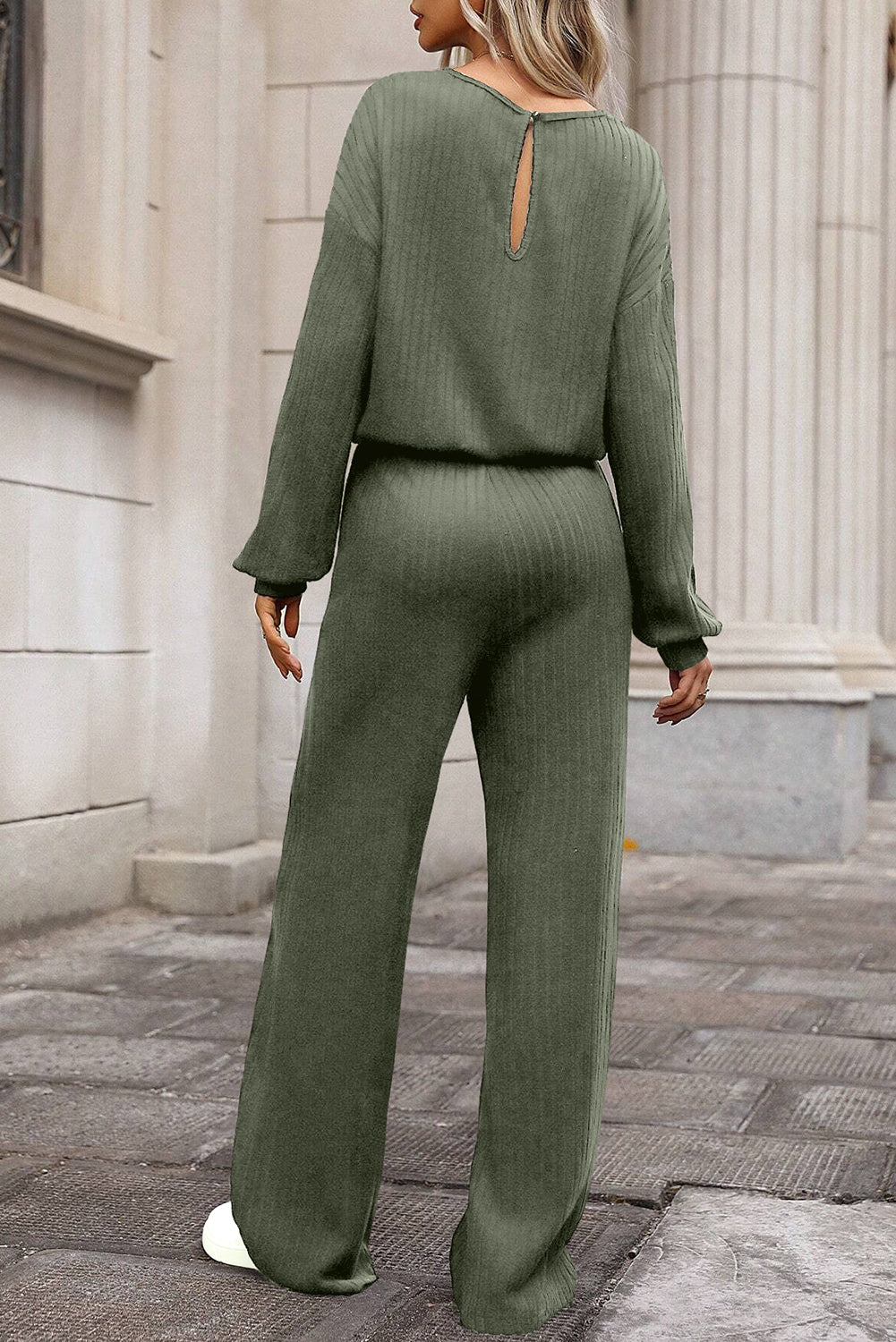 Solid Ribbed Knit Keyhole Back High Waist Jumpsuit | Laurel Green