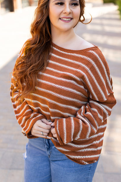 Drop Shoulder Casual Sweater | Brown Stripe