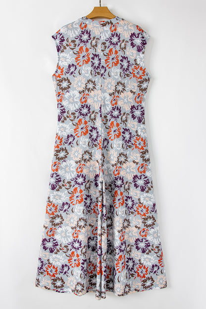 Floral Sleeveless Buttoned Pocketed Wide Leg Jumpsuit | Sky Blue