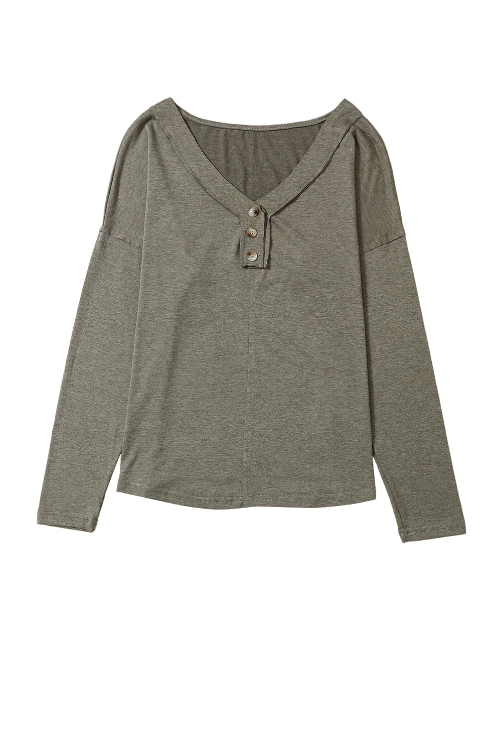 Long Sleeve V-Neck Stitching Henley Top | Khaki