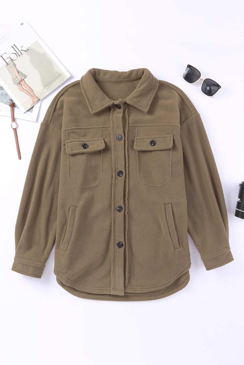 Turn Down Collar Buttoned Shirt Jacket | Green