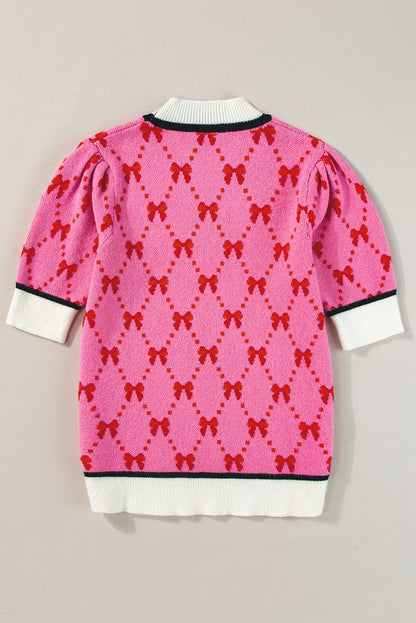 Bow Print Short Sleeve Sweater Top | Pink