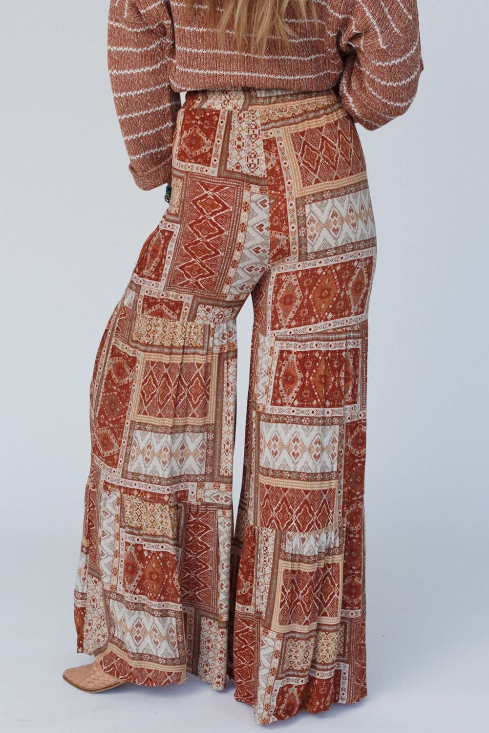 Boho Aztec Print Tiered Palazzo Pants | Brown