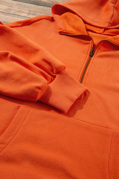 Fleece Lined Half Zipper Kangaroo Pockets Loose Hoodie | Orange