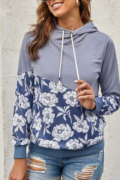 Floral Splicing Cowl Neck Hoodie | Gray