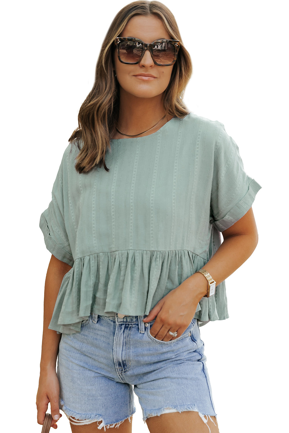 Textured Ruffled Hem Short Sleeve Blouse | Laurel Green