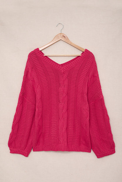 Bubblegum V-Neck Braided Knit Sweater | Rose