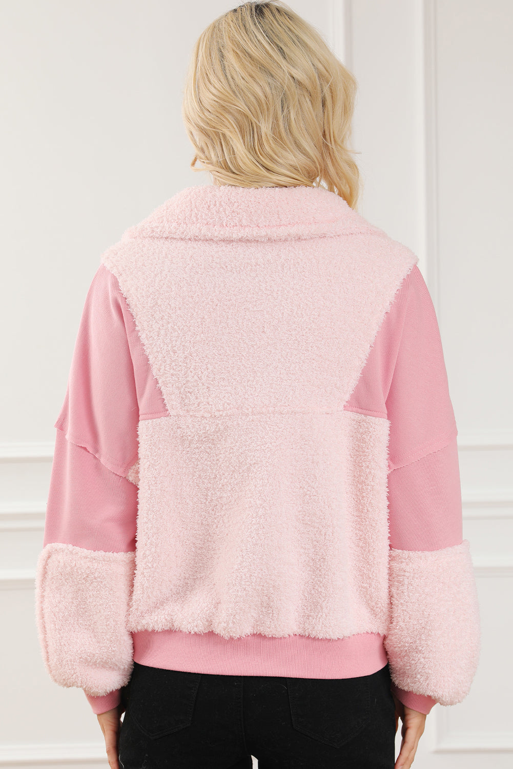 Exposed Seam Fuzzy Patchwork Zip Neck Sweatshirt | Pink