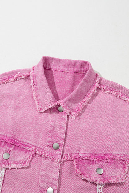 Lace Patchwork Distressed Buttoned Denim Jacket | Pink