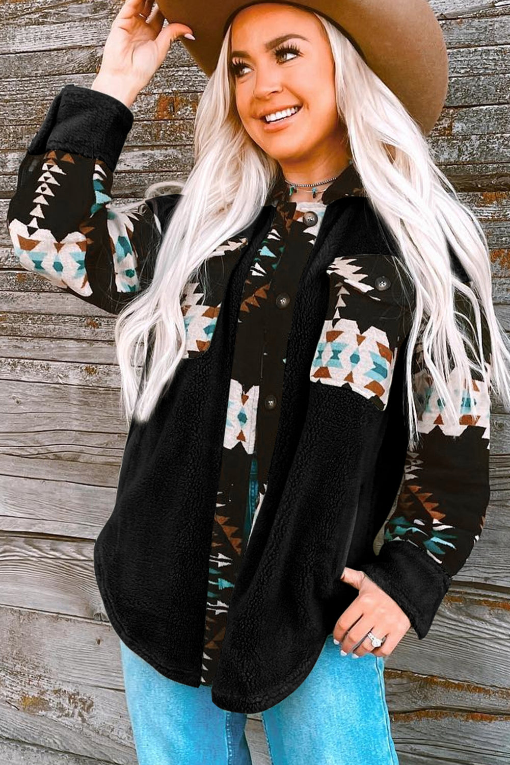 Western Aztec Print Accent Fleece Shacket | Black