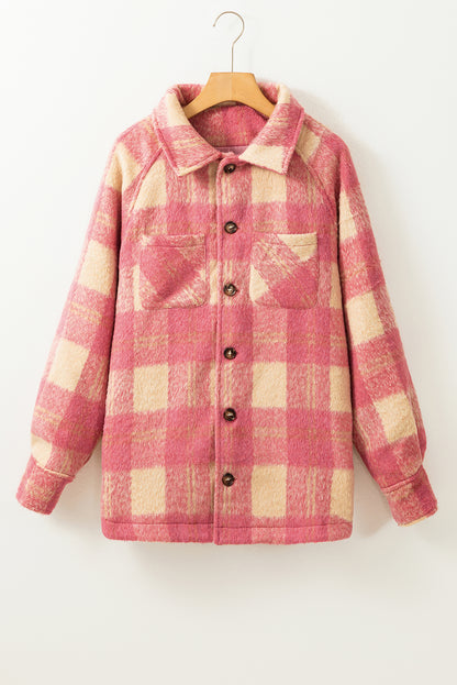 Plaid Print Buttoned Collared Chest Pockets Shacket | Peach Blossom