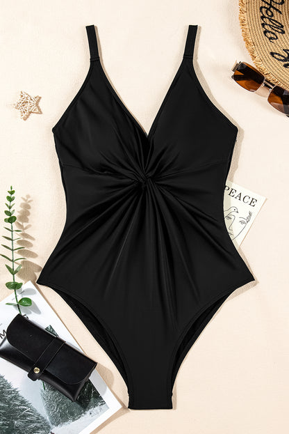 V Neck Twist Ruched Crisscross Backless One-Piece Swimsuit | Black